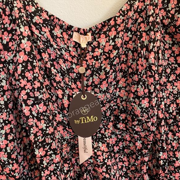 NWT byTiMo Black Pink Viscose Floral Puff Long Sleeve Mini Dress Ditsy Large L - Picture 11 of 14